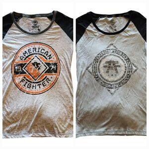 2 American Fighter Raglan Baseball Tees 3/4 Sleeve Graphic Logo Shirt Cotton M